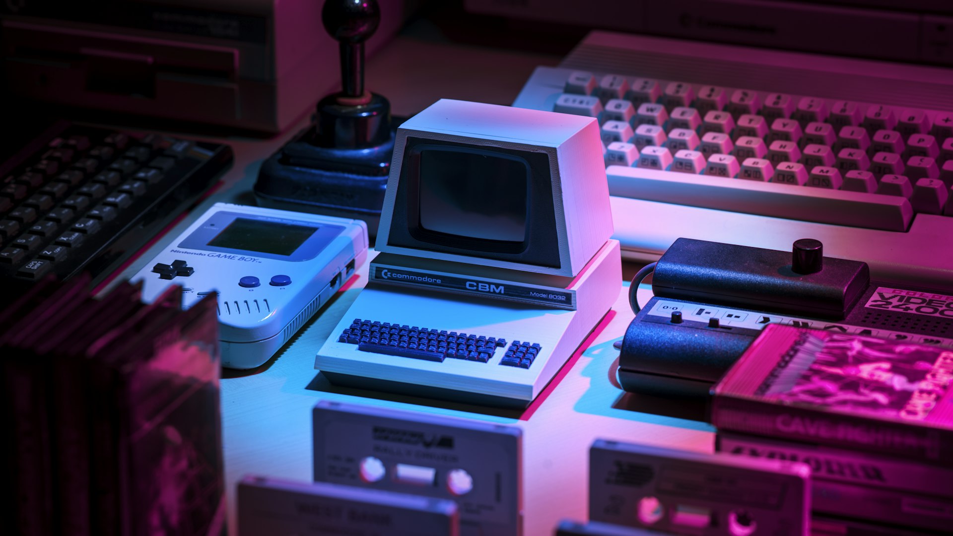A gaming setup glowing in a London studio